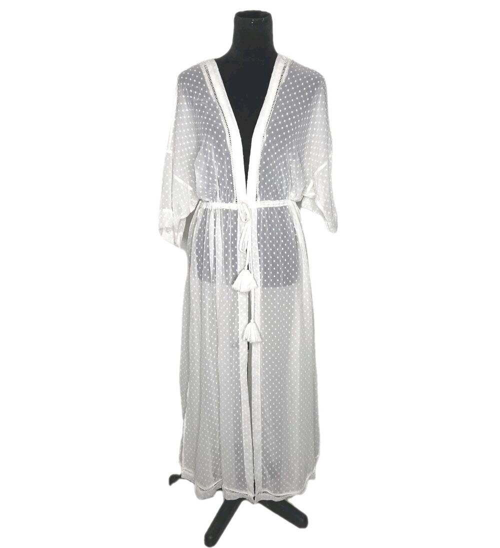 A&F Abercrombie Fitch White Swiss Dot Sheer Duster Kimono Cover Up Tassel OS